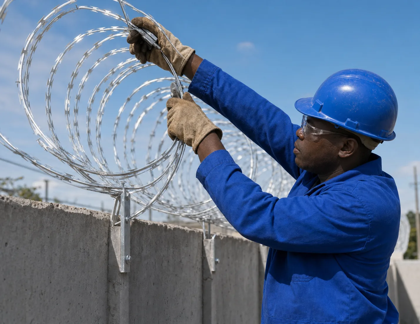 African fencing installer securely fastening razor wire