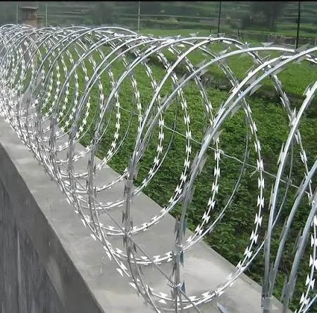 Galvanised razor wire coils installed above a perimeter wall