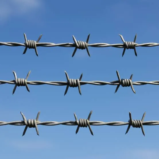 Three parallel galvanised barbed-wire strands against a blue sky